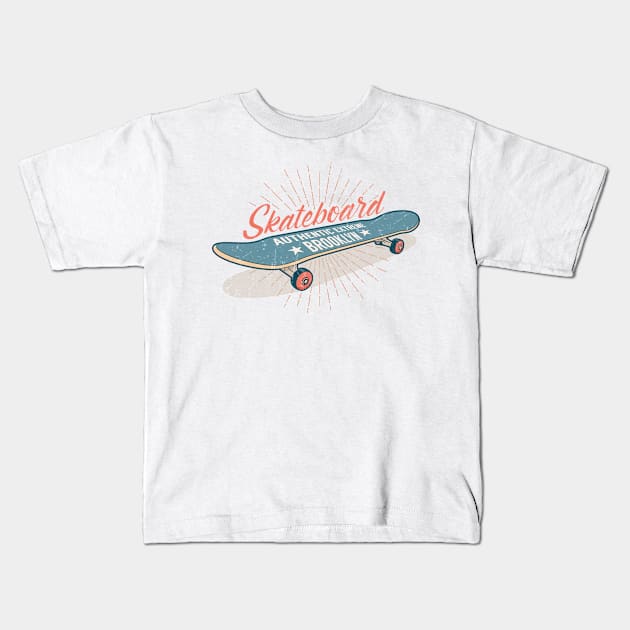 Skateboarding retro emblem with a gray blue skateboard Kids T-Shirt by Agor2012